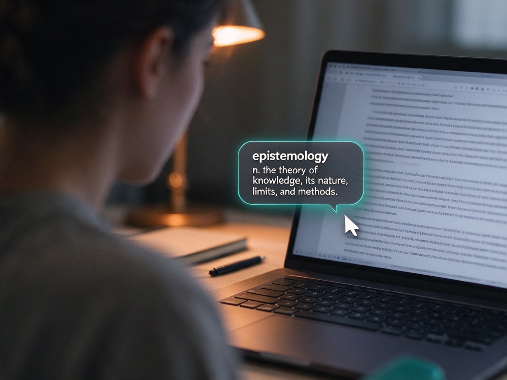 Learner hovering over a difficult word in an academic article while a definition balloon appears