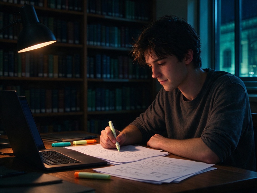 Student studying for the SAT or IELTS at night with practice papers and a laptop