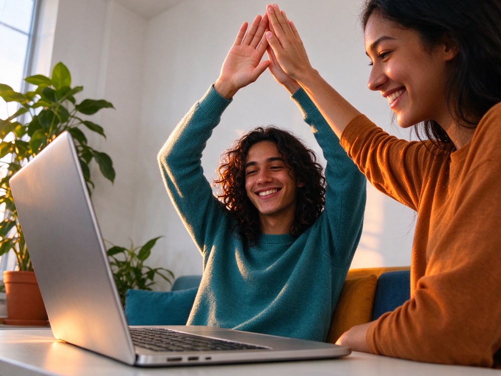 Two happy students celebrating good exam results in front of a laptop