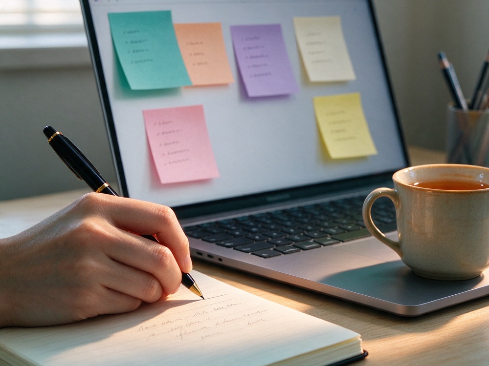 Student writing an IELTS essay by hand with vocabulary sticky notes around a laptop