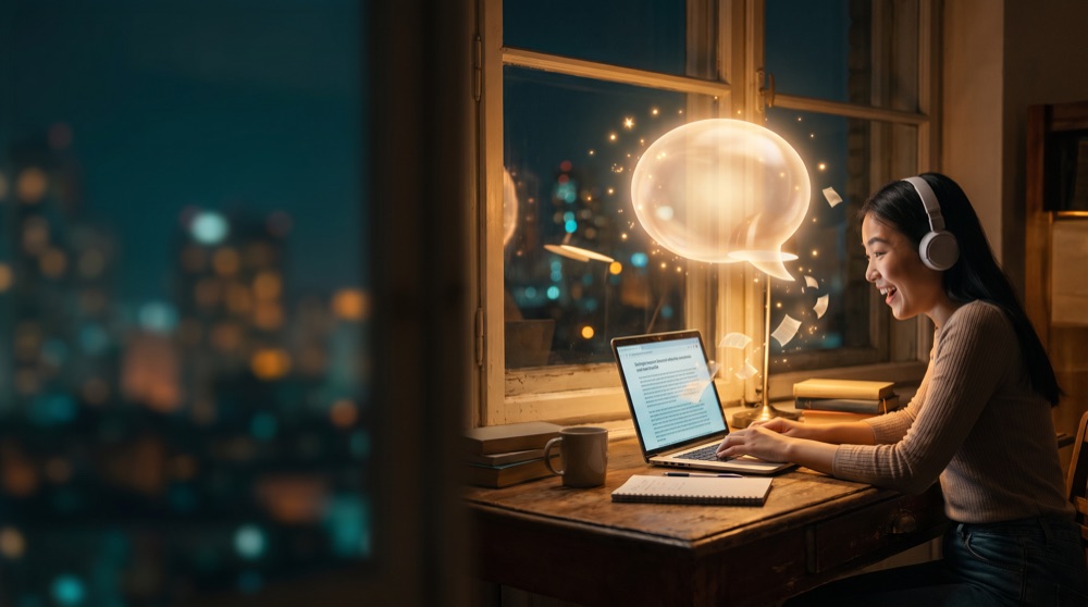 Student smiling at a laptop while a glowing speech bubble explains a word